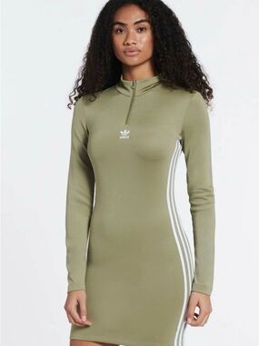 adidas Olive Green Long Sleeve Zip-Front Bodycon Dress with White Stripes M